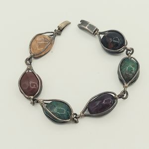 Vintage Silver Precious to Semi Precious Gemstones Mexican Bracelet Signed